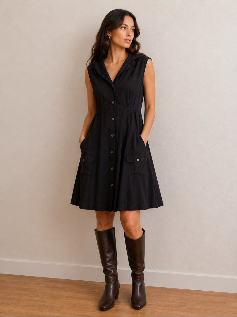 Theory Black Sleeveless Button-Front A-Line Mini Dress